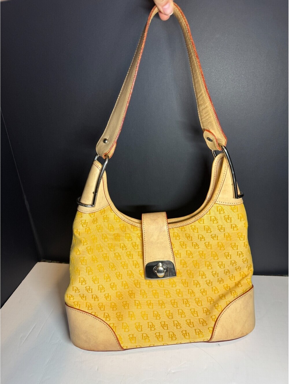 Dooney & Bourke Classic Signature Yellow Cream Crescent Shoulder Bag